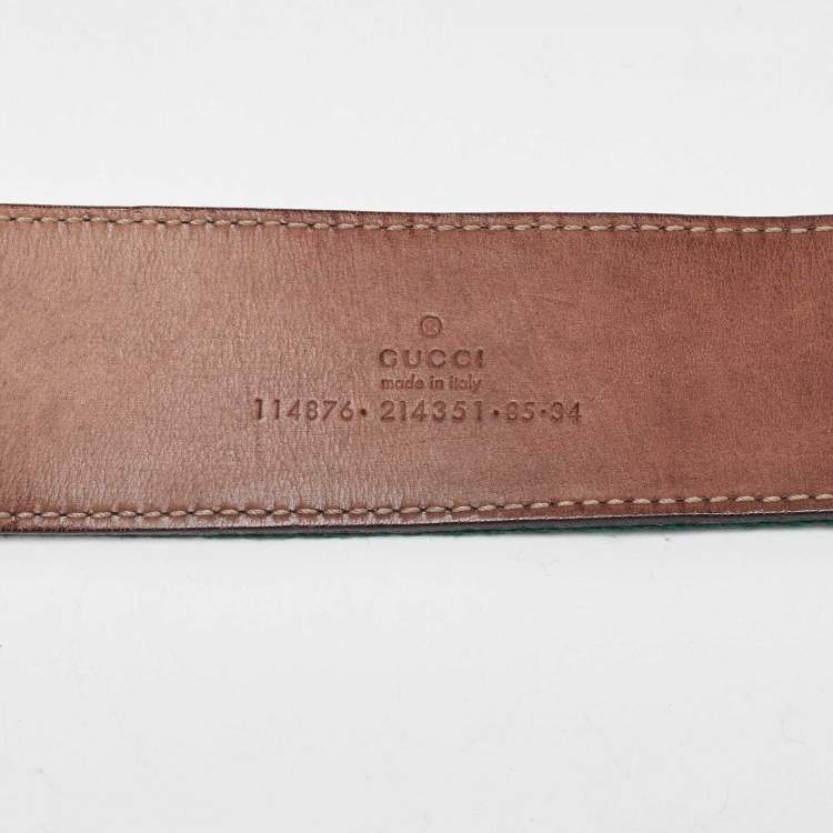 Pre Owned Gucci Tan/Green Fabric and Leather Web Interlocking G Buckle Belt 85CM