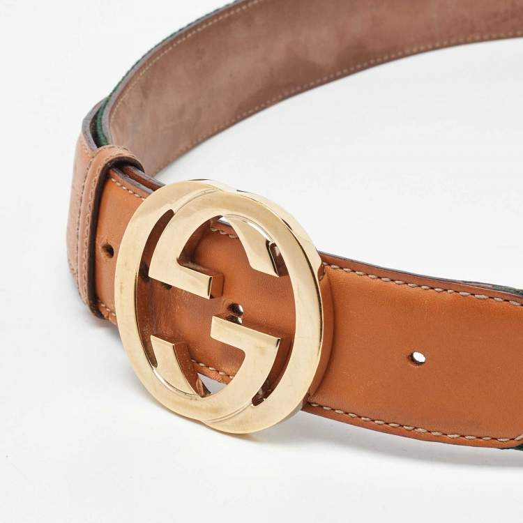 Pre Owned Gucci Tan/Green Fabric and Leather Web Interlocking G Buckle Belt 85CM
