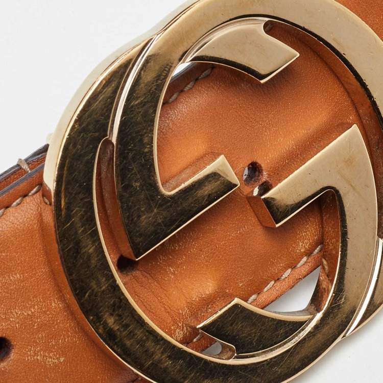 Pre Owned Gucci Tan/Green Fabric and Leather Web Interlocking G Buckle Belt 85CM