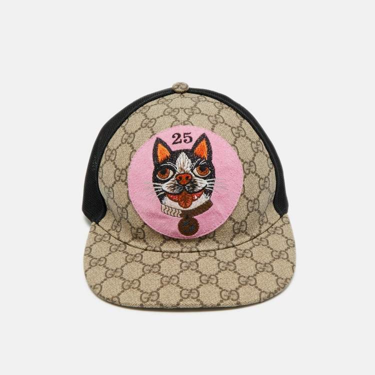 Pre Owned Gucci Beige GG Supreme Canvas and Mesh Bosco Applique Baseball Cap M