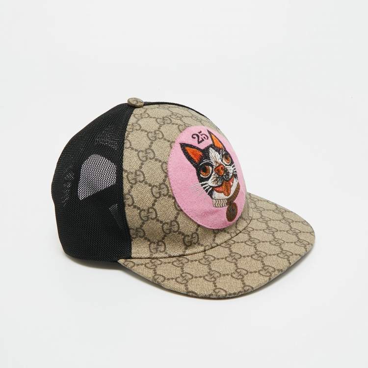 Pre Owned Gucci Beige GG Supreme Canvas and Mesh Bosco Applique Baseball Cap M