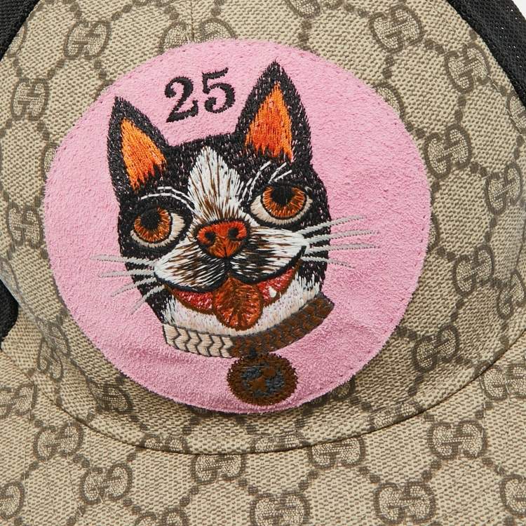 Pre Owned Gucci Beige GG Supreme Canvas and Mesh Bosco Applique Baseball Cap M