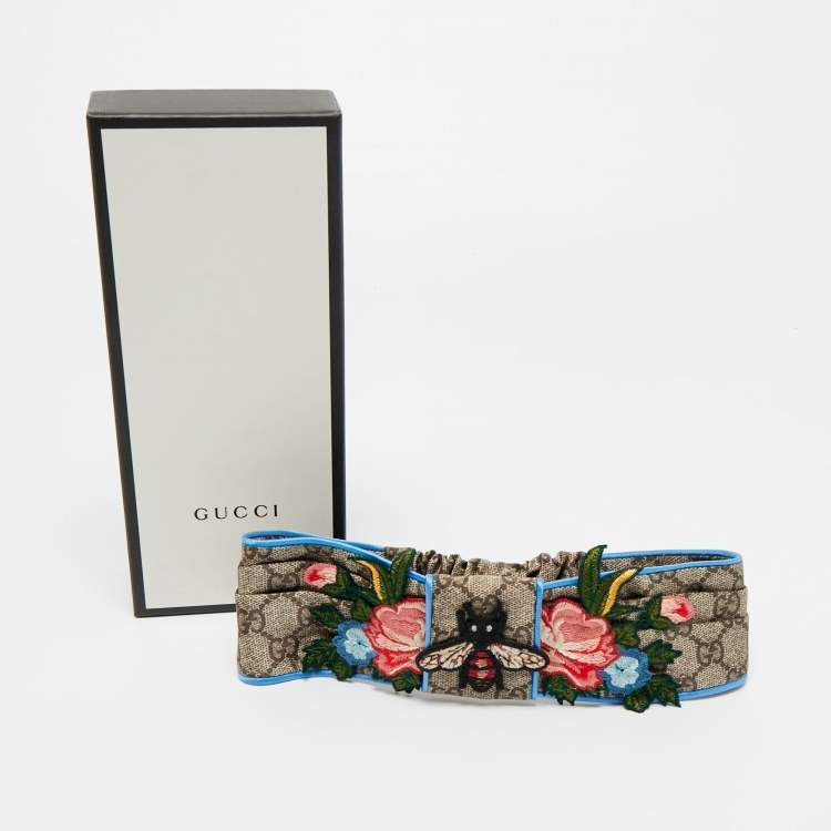 Pre Owned Gucci Brown Guccissima Bee & Floral Appliqué Silk Headband