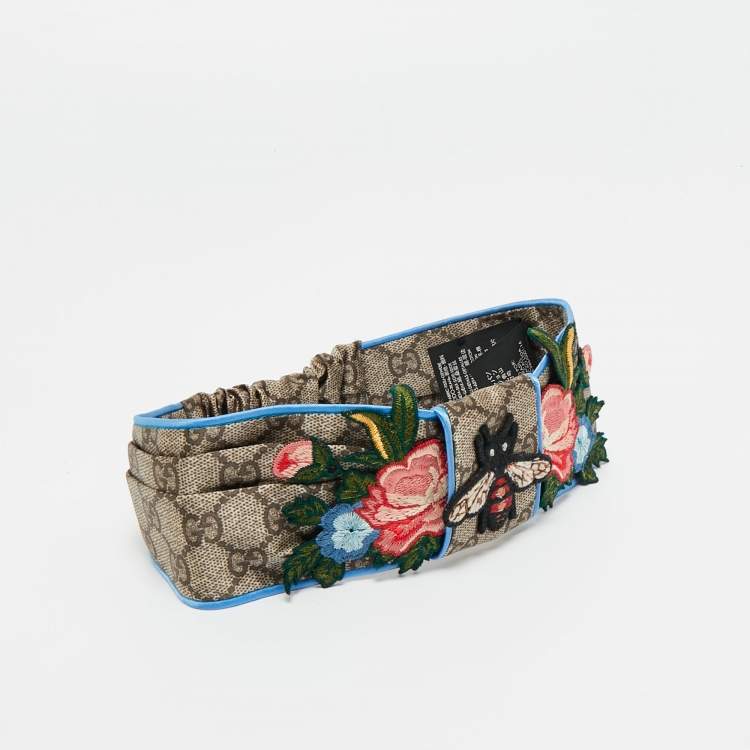 Pre Owned Gucci Brown Guccissima Bee & Floral Appliqué Silk Headband