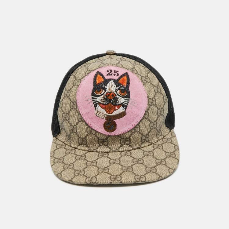 Pre Owned Gucci Beige GG Supreme Canvas and Mesh Bosco Applique Baseball Cap M