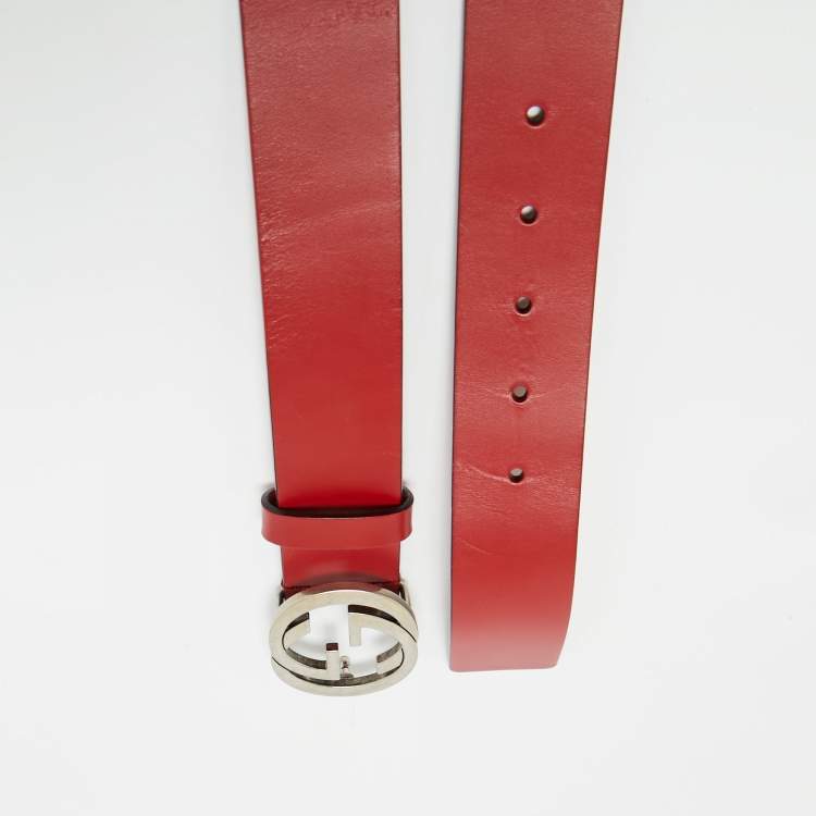 Pre Owned Gucci Red Leather Interlocking G Buckle Belt 85CM