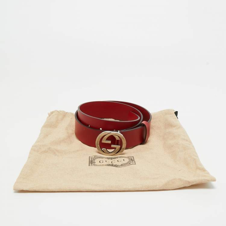 Pre Owned Gucci Red Leather Interlocking G Buckle Belt 85CM