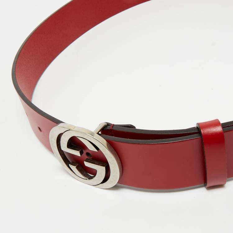 Pre Owned Gucci Red Leather Interlocking G Buckle Belt 85CM
