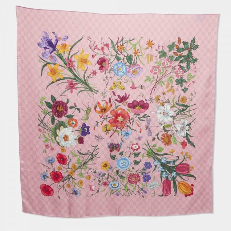 Pre Owned Gucci Pink Floral GG Supreme Print Silk Square Scarf 