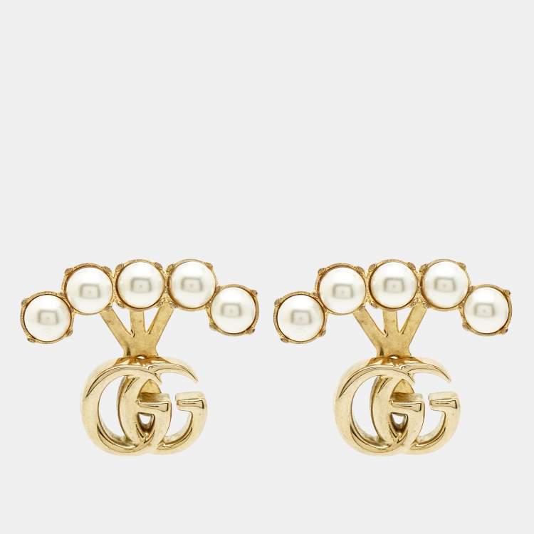 Pre Owned Gucci Double G Faux Pearl Gold Tone Earrings