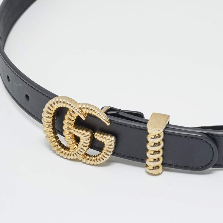 Pre Owned Gucci Black Leather GG Marmont Torchon Buckle Belt 80 CM