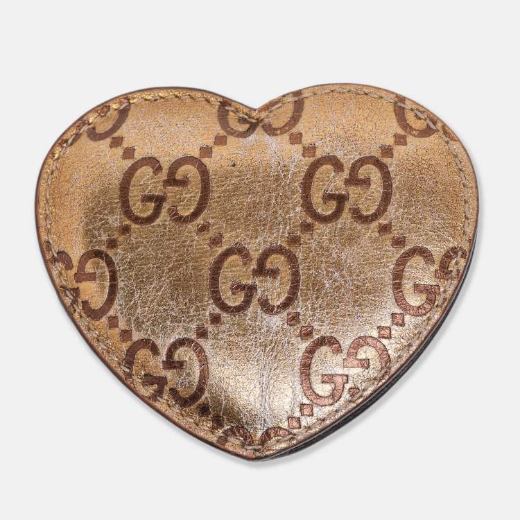 Pre Owned Gucci Gold Guccissima Leather Heart Hand Mirror