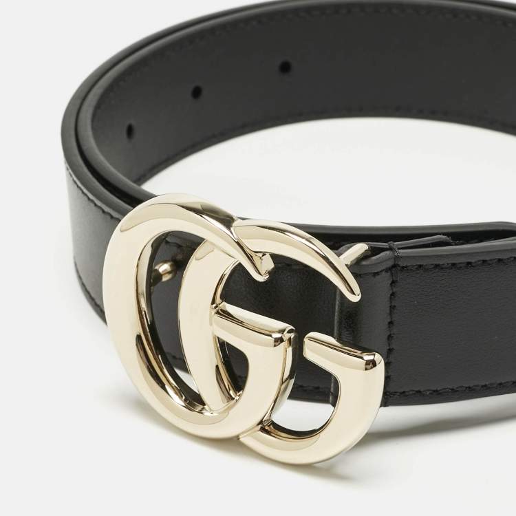 Pre Owned Gucci Black Leather GG Marmont Slim Belt 75 CM
