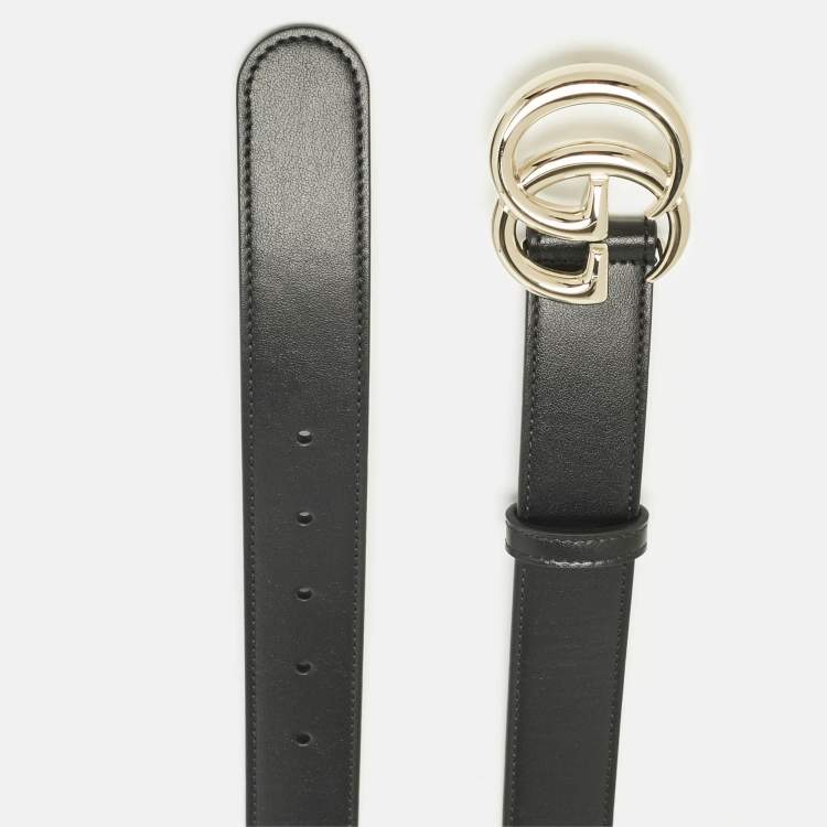 Pre Owned Gucci Black Leather GG Marmont Slim Belt 75 CM