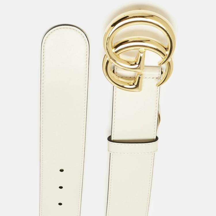 Pre Owned Gucci Off White Leather GG Marmont Buckle Belt 65 CM