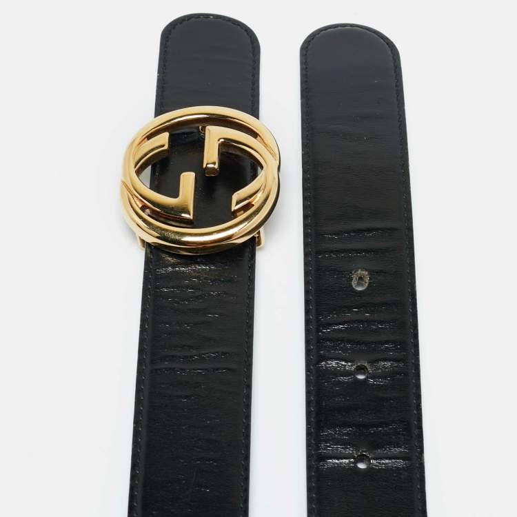 Pre Owned Gucci Black Glossy Leather Interlocking G Belt 75CM