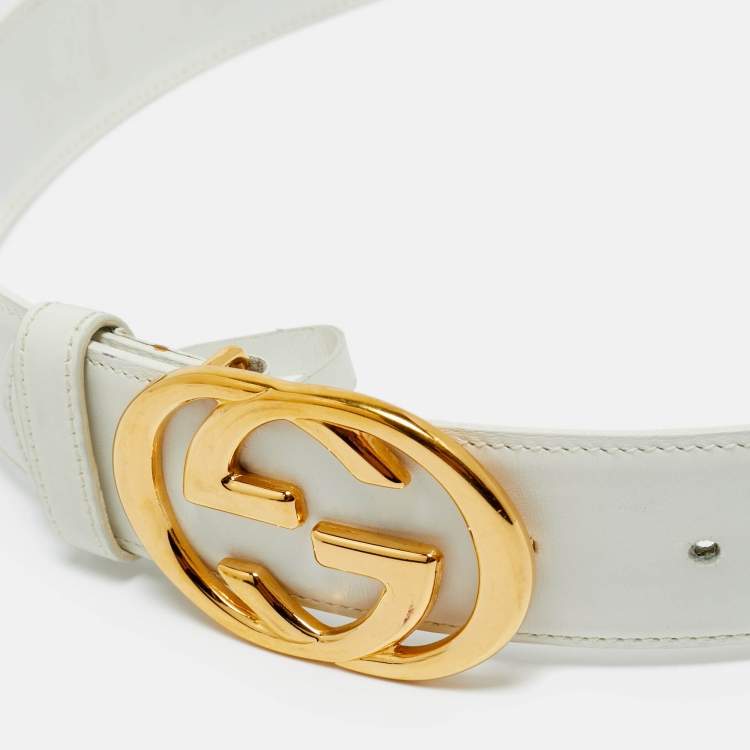 Pre Owned Gucci White Leather Interlocking G Buckle Belt 85CM