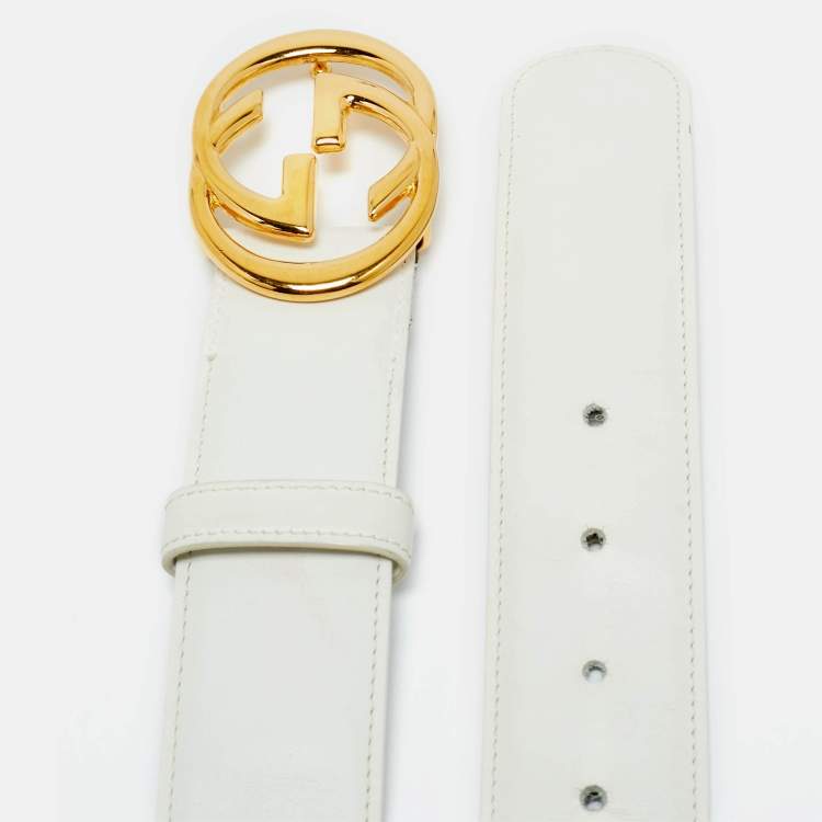 Pre Owned Gucci White Leather Interlocking G Buckle Belt 85CM