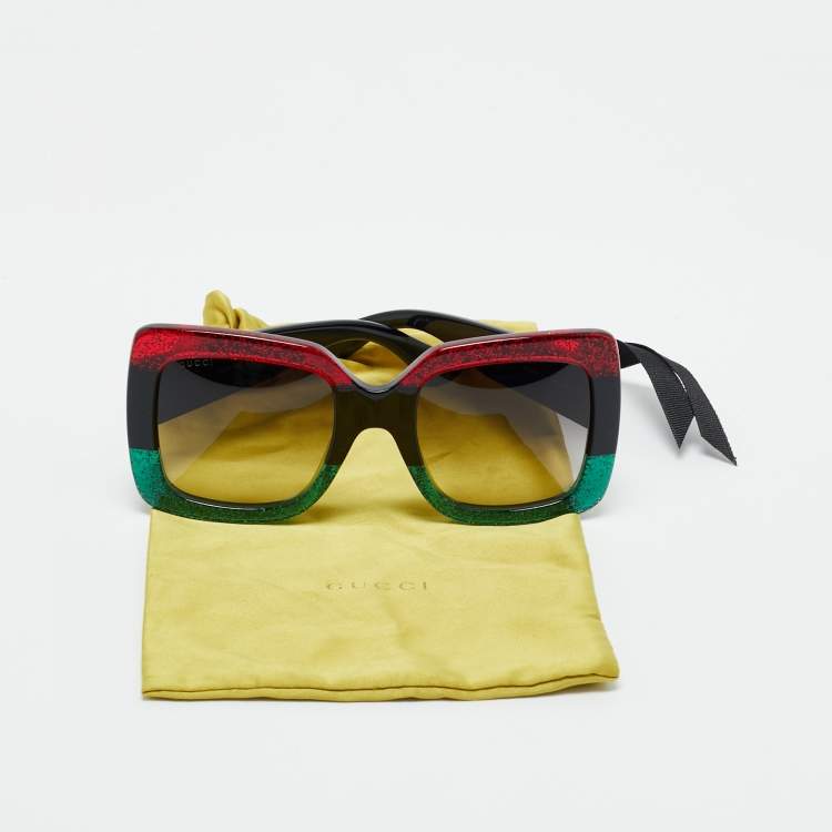 Pre Owned Gucci Red/Green Glitter GG0083S Interlocking G Oversized Sunglasses