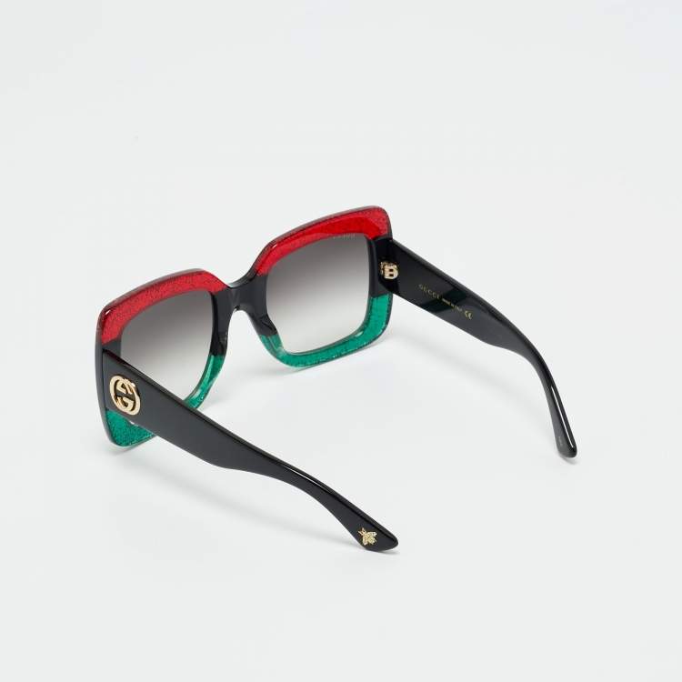Pre Owned Gucci Red/Green Glitter GG0083S Interlocking G Oversized Sunglasses