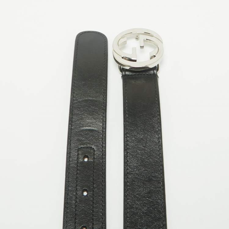 Pre Owned Gucci Black Leather Interlocking G Buckle Belt 80 CM