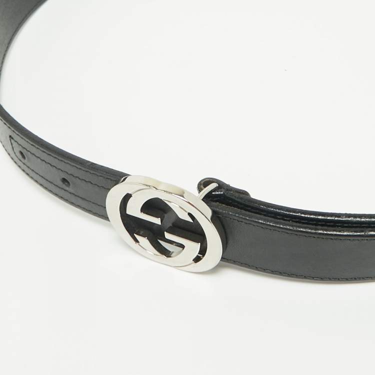 Pre Owned Gucci Black Leather Interlocking G Buckle Belt 80 CM