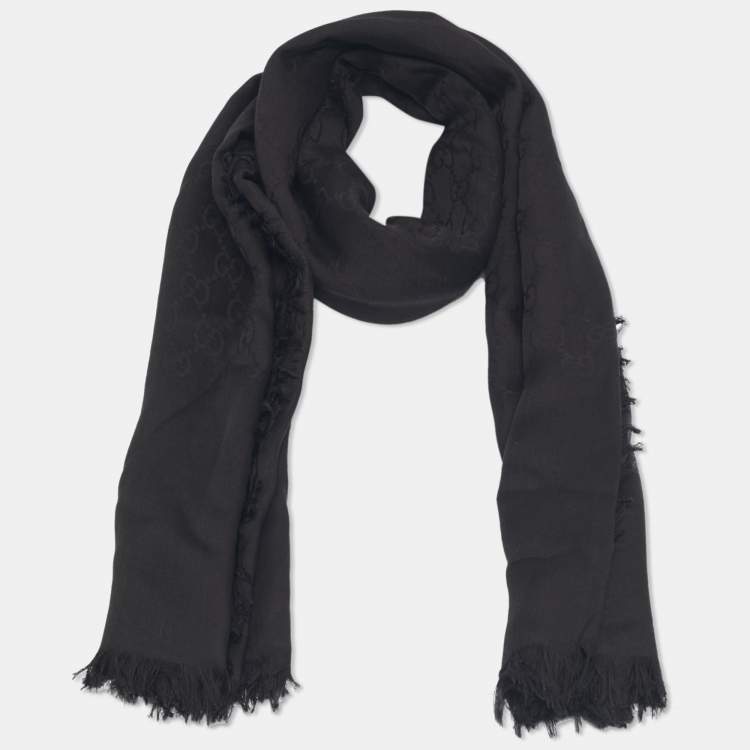 Pre Owned Gucci Black GG Silk Jacquard Scarf 