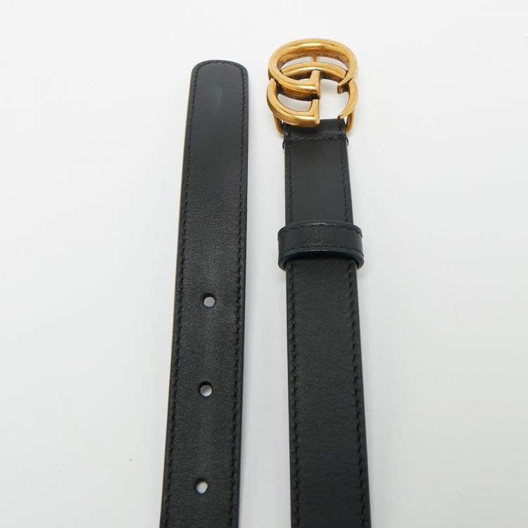 Pre Owned Gucci Black Leather GG Marmont Slim Belt 80CM