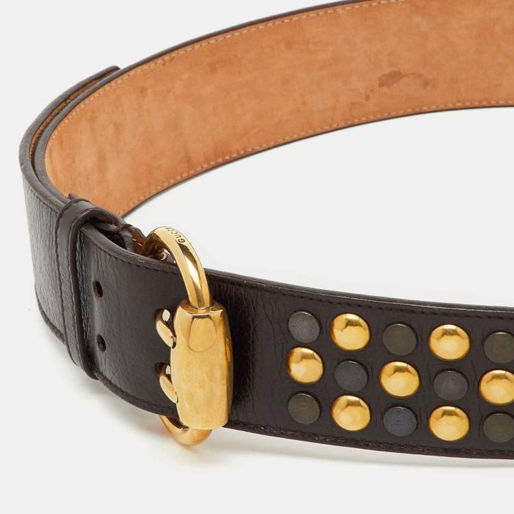 Pre Owned Gucci Dark Brown Leather Studded Buckle Belt 80CM