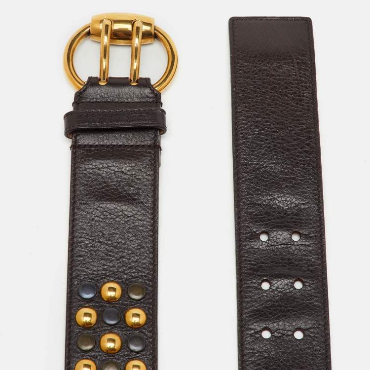 Pre Owned Gucci Dark Brown Leather Studded Buckle Belt 80CM