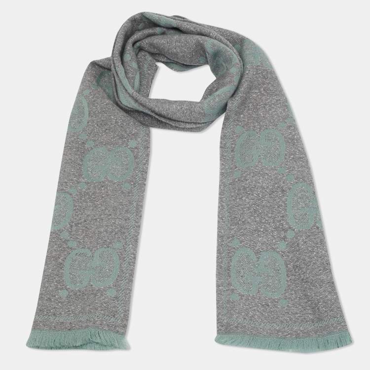 Pre Owned Gucci Light Blue & Grey Logo Intarsia Wool Shawl