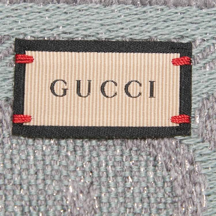 Pre Owned Gucci Light Blue & Grey Logo Intarsia Wool Shawl
