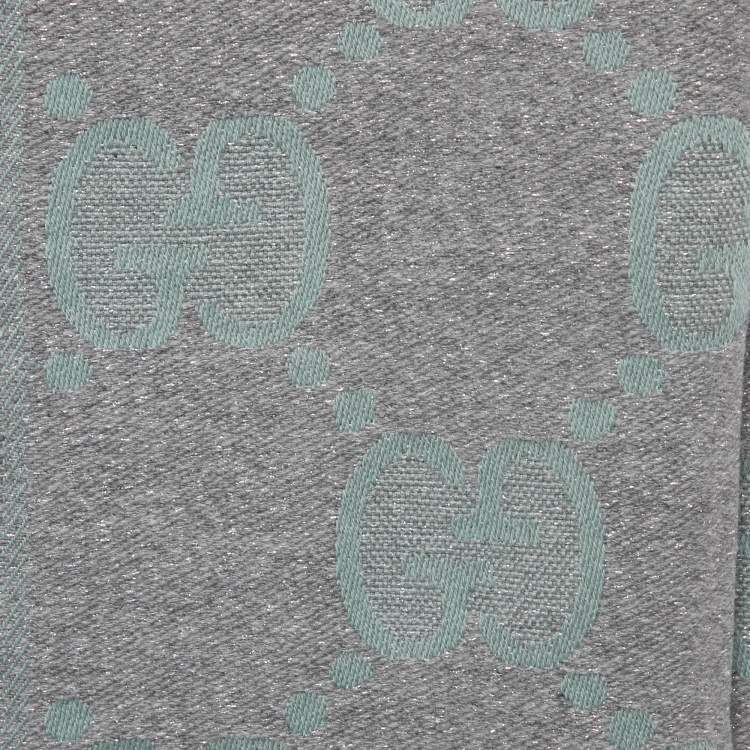 Pre Owned Gucci Light Blue & Grey Logo Intarsia Wool Shawl