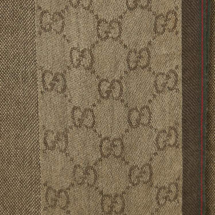 Pre Owned Gucci Vintage Brown Wool & Silk Logo Strip Detail Scarf