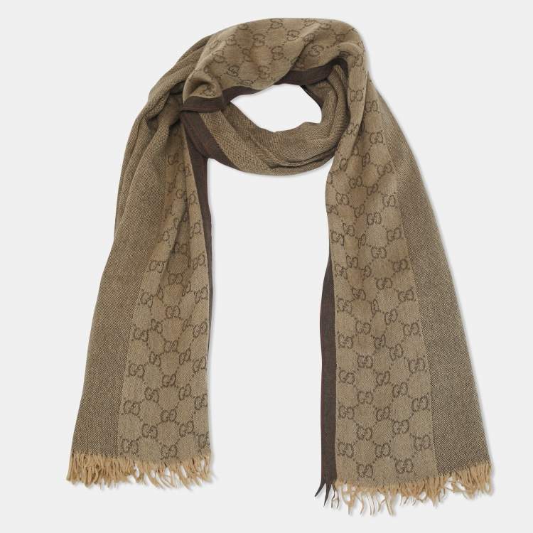 Pre Owned Gucci Vintage Brown Wool & Silk Logo Strip Detail Scarf