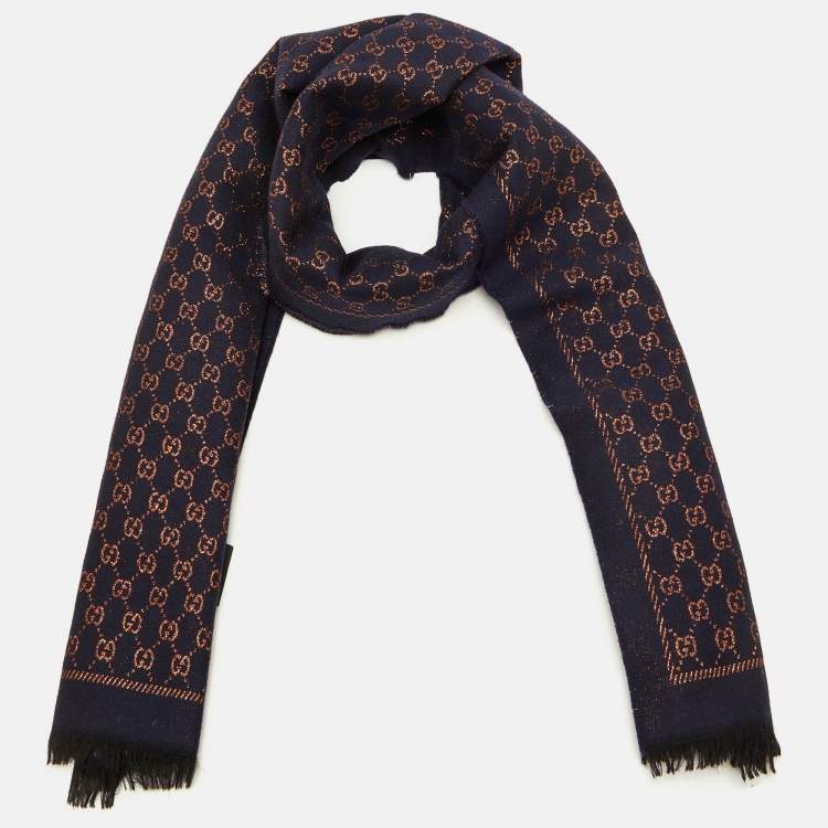 Pre Owned Gucci Navy Blue Metallic GG Wool Scarf