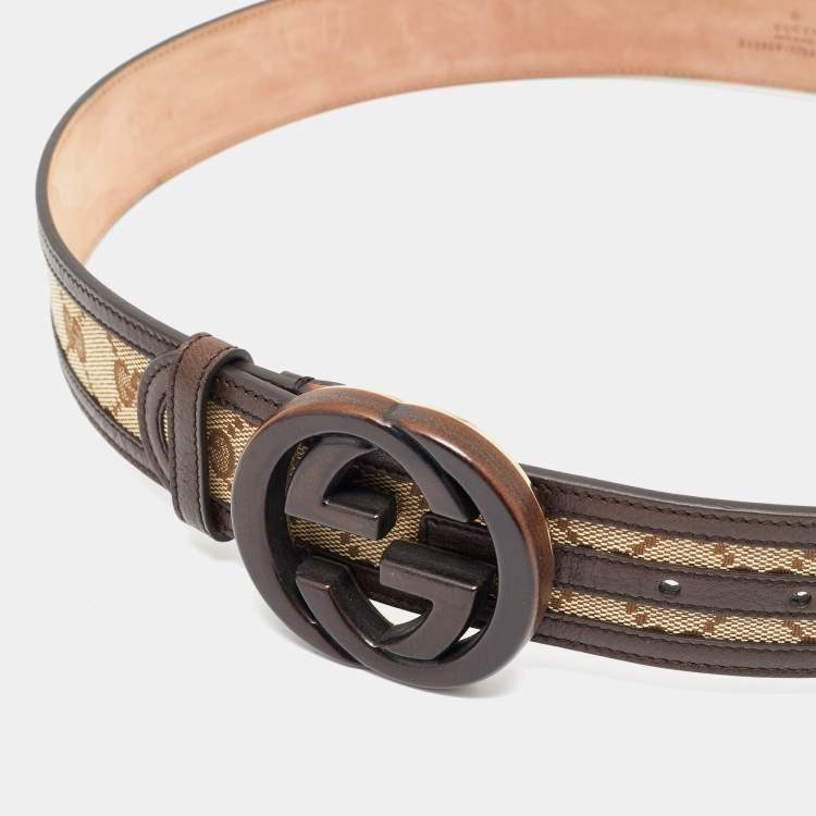 Pre Owned Gucci Beige/Brown GG Canvas and Leather Interlocking G Buckle Belt 85CM