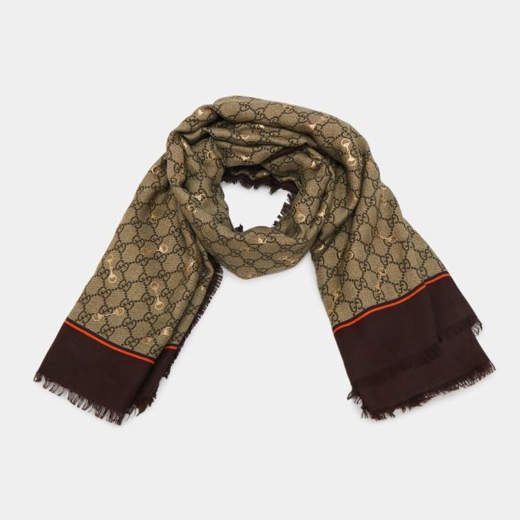 Pre Owned Gucci Brown GG Horsebit Print Modal Scarf 