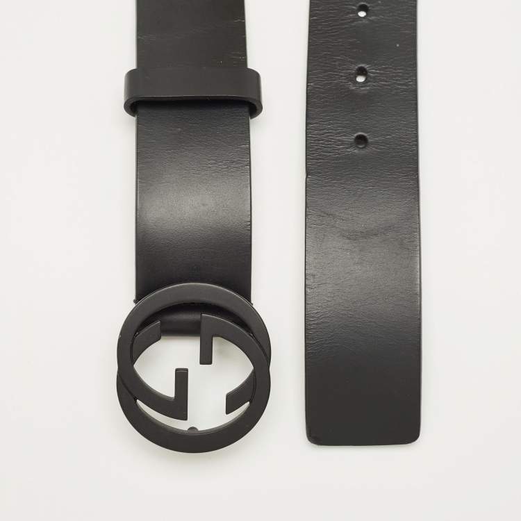 Pre Owned Gucci Black Leather Interlocking G Buckle Belt 110CM