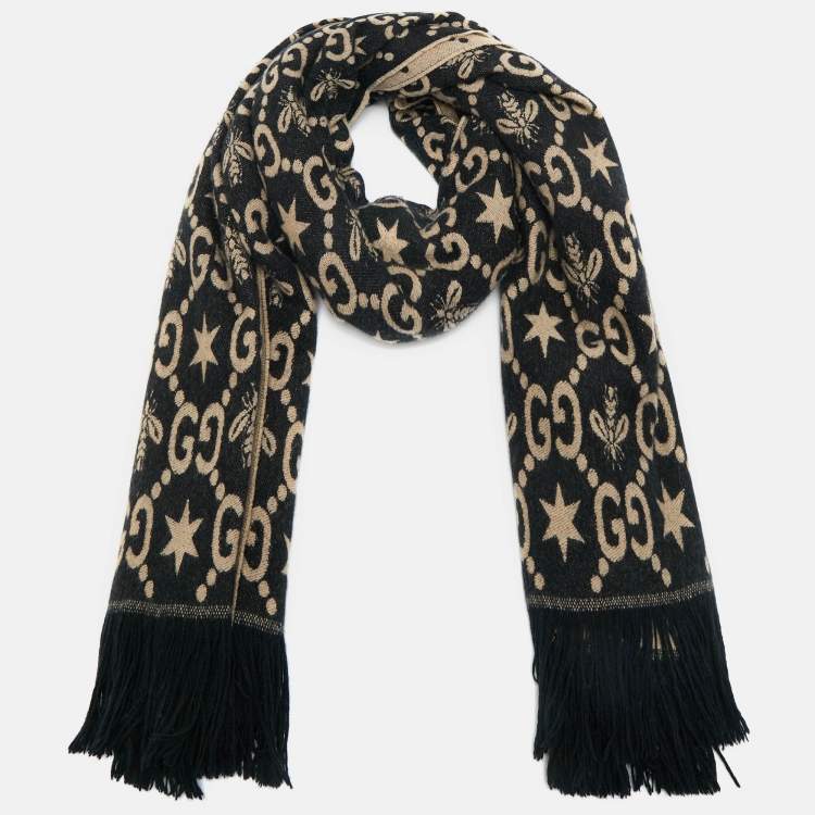 Pre Owned Gucci Black GG/Bee Jacquard Wool Shawl 