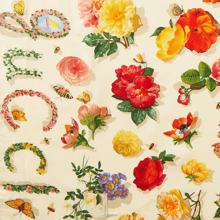 Pre Owned Gucci Light Beige Floral Butterfly Print Silk Scarf