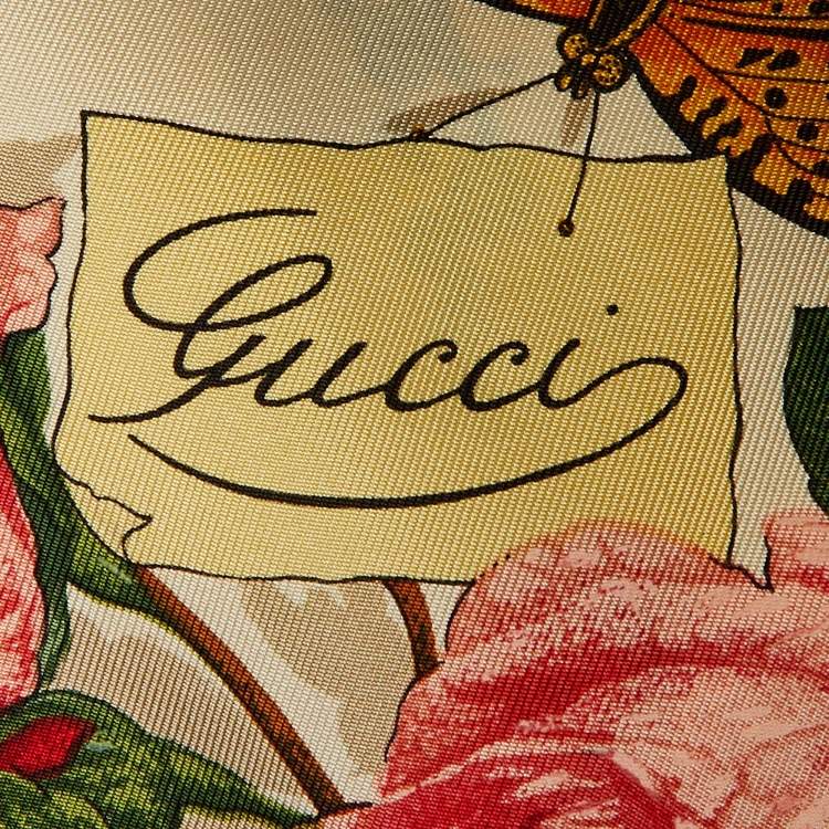 Pre Owned Gucci Light Beige Floral Butterfly Print Silk Scarf