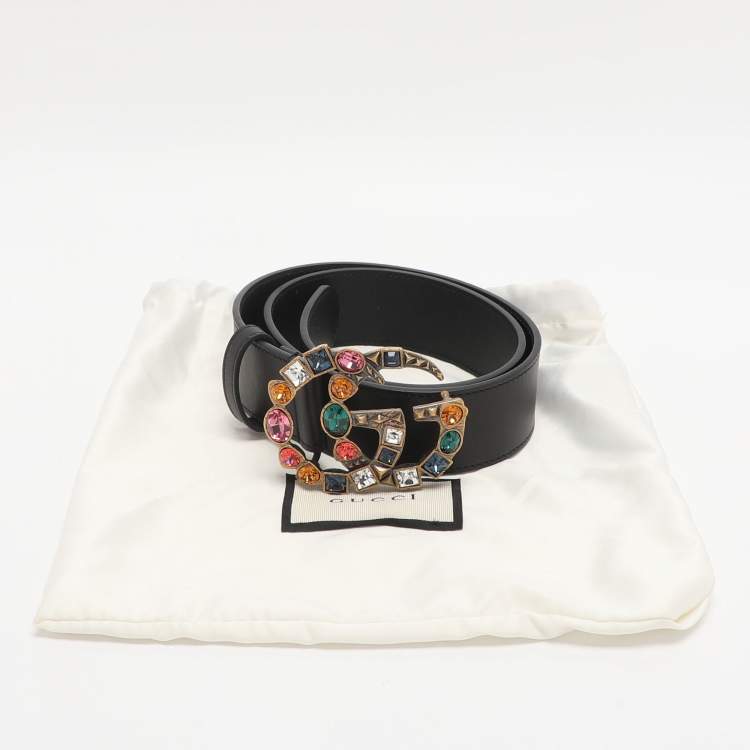 Pre Owned Gucci Black Leather Crystal Embellished Marmont Belt 75CM