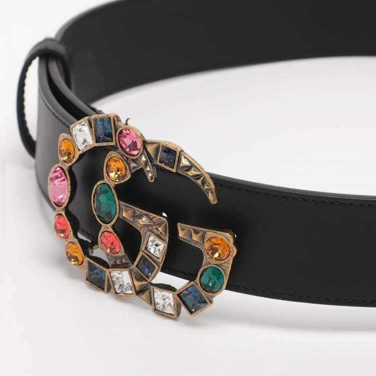 Pre Owned Gucci Black Leather Crystal Embellished Marmont Belt 75CM