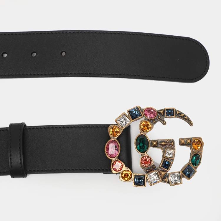 Pre Owned Gucci Black Leather Crystal Embellished Marmont Belt 75CM