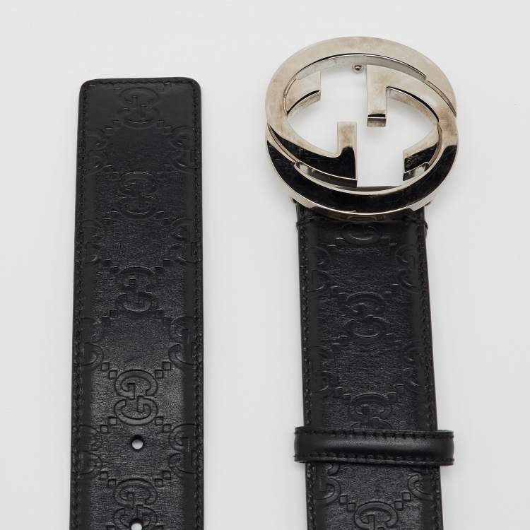 Pre Owned Gucci Black Guccissima Leather Interlocking G Buckle Belt 95CM