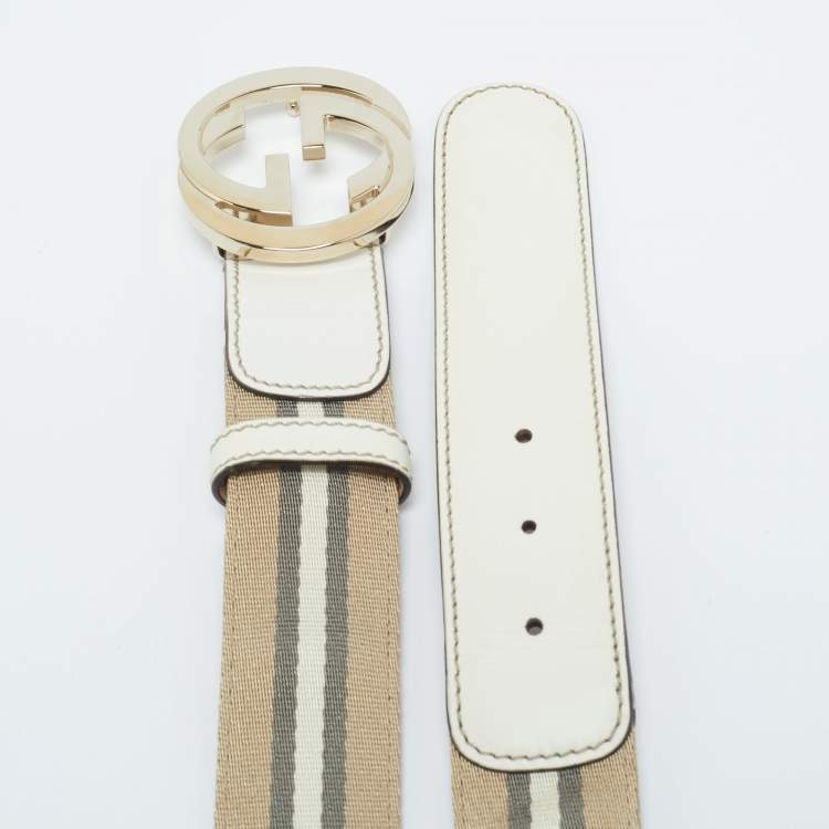 Pre Owned Gucci Beige/White Web Canvas and Leather Interlocking G Buckle Belt 90CM