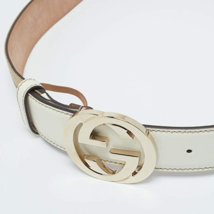 Pre Owned Gucci Beige/White Web Canvas and Leather Interlocking G Buckle Belt 90CM