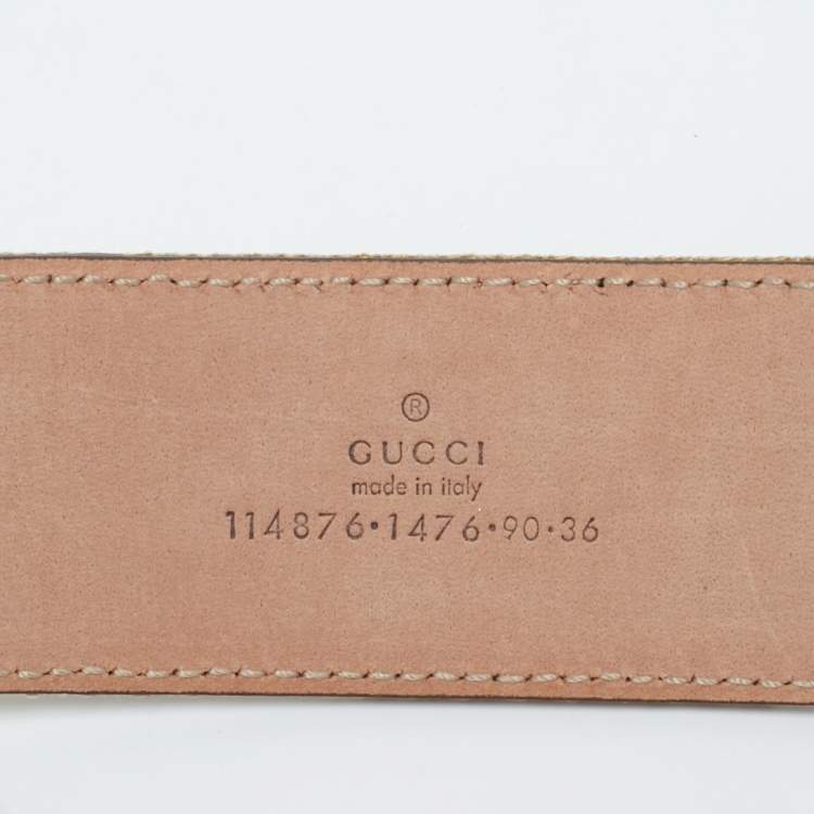 Pre Owned Gucci Beige/White Web Canvas and Leather Interlocking G Buckle Belt 90CM