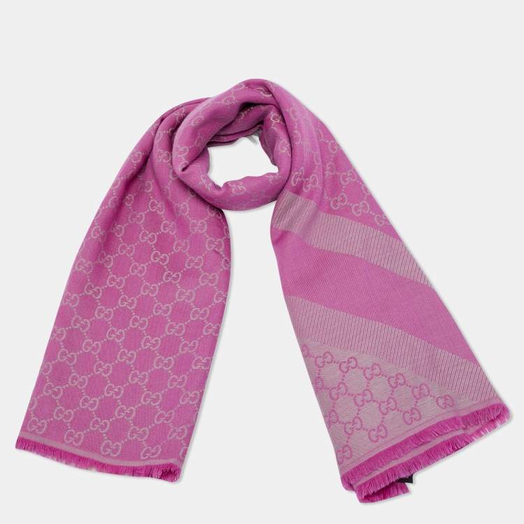 Pre Owned Gucci Pink GG Jacquard Wool Blend Scarf 